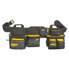 Padded tool rig with black belt, designed for carpentry applications. Fits waist sizes from 34 to 50 inches and includes 26 pockets for organizing and carrying tools.
