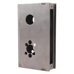 This weldable gate box is constructed from steel with an unfinished silver finish. It includes six mounting holes and all necessary hardware for installation. Typically used to enclose and protect valve stems in industrial piping systems, providing a secure mounting point for valve extensions and operators.