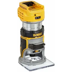 This DEWALT cordless router is a bare tool (battery sold separately) with a fixed base and brushless motor. It delivers 1.25 hp at 25,500 RPM and accepts 1/4 in collets. Suitable for edge profiling, trimming, and flush-cutting in woodworking and cabinetry.