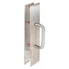 This TRIMCO door pull is constructed from copper alloy with a stainless steel finish, measuring 15 inches in height. It is a hand-operated pull plate suitable for high-touch areas where antimicrobial properties are beneficial. The copper alloy material naturally reduces microbial spread, making it appropriate for hygiene-sensitive environments.
