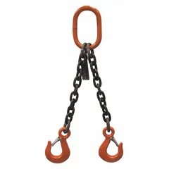 Grade-100 double-leg chain sling with a 1/2 in chain trade size. Constructed of alloy steel with fixed sling hooks. Used for heavy lifting and rigging in industrial settings such as construction, manufacturing, and shipping, providing stable load distribution for overhead lifting tasks.