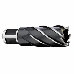 This high-speed steel annular cutter features a black oxide finish and a 5/8 in diameter, with a maximum cutting depth of 2 in. Designed for use with magnetic drill presses, it produces clean, accurate holes in metal for general cutting applications.