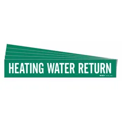Green adhesive pipe markers with white legend reading 'Heating Water Return'. Designed for pipe outer diameters from 2-1/2 to 7-7/8 inches. Pack of 5 markers without directional arrows. Used to identify return lines in hot-water heating systems.