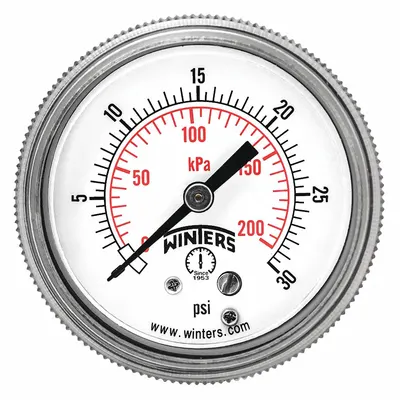 WINTERS Panel-Mount Pressure Gauge: U-Clamp, 0 psi to 30 psi, 2 in Dial, 1/4 in NPT Male - U-Clamp Panel-Mount with Brass/Bronze Wetted Parts