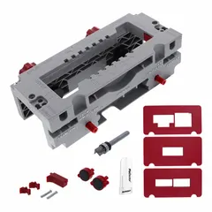This hinge jig is designed for routing hinge mortises in frame and jamb applications. It accommodates door thicknesses from 1 3/8 in to a maximum of 1 3/4 in. The jig includes integrated clamps for secure workpiece hold during routing operations.