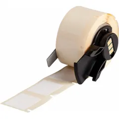 Thermal transfer precut label roll measuring 29/32 in x 3/4 in with rubber permanent adhesive. Each roll contains 250 labels. Compatible with Brady M611 printer series. Used for industrial identification and labeling applications such as asset tagging, cable marking, and safety labeling.