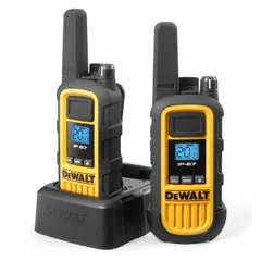 Analog handheld two-way radio operating on 22 FRS/GMRS channels with 2 W transmit power. Features an alphanumeric display and yellow housing. No FCC license required. Suitable for short-range voice communication on job sites, warehouses, and outdoor work areas.