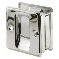 This PRIME-LINE pocket door pull handle is made of chrome-plated brass in a silver finish. It features a tray/lever style and unthreaded holes for mounting. Suitable for use on cabinet doors, drawers, or pocket doors where a flush or low-profile grip is needed.