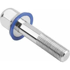 Stainless steel crowned hygienic flanged hex head bolt with a pre-mounted FDA-approved sealing washer. Partially threaded with M6 thread size and minimum 18 mm thread length. Designed for use in sanitary environments requiring cleanability and contamination prevention.