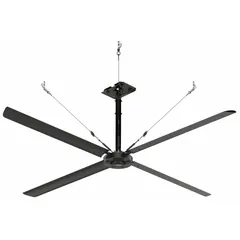 Industrial HVLS ceiling fan with 12 ft blade diameter, delivering high-volume airflow for large spaces such as warehouses and manufacturing facilities. Operates on 240V AC three-phase power at 3.5 A with variable speed control. Finished in silver, no light kit included.