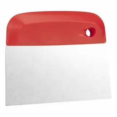 This dough cutter features a stainless steel blade measuring 5 3/4 in by 5 3/4 in and a polypropylene handle. Overall height is 4 1/2 in. Used for portioning, scraping, and cutting dough in commercial food preparation.