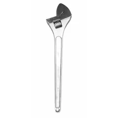 This adjustable wrench features a chrome finish and is constructed from alloy steel. With an overall length of 24 1/16 inches and a jaw capacity of 2 1/2 inches, it is suited for turning nuts, bolts, and fittings in plumbing, automotive, and industrial maintenance tasks.