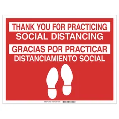 This red vinyl floor sign displays a bilingual Spanish 'Thank You For Practicing Social Distancing' message. With a nominal size of 14 in x 18 in and a height of 14 in, it is suitable for placement on floors in industrial facilities to promote social distancing protocols.