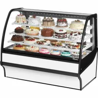 This white curved glass display refrigerator merchandiser measures 49 1/8 x 59 1/4 x 39 inches and uses R-290 refrigerant. It is designed for commercial retail settings such as convenience stores, delis, and cafes to showcase chilled beverages or perishable items