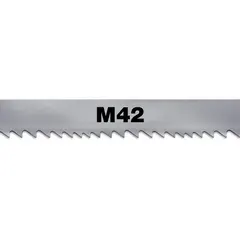 General purpose metal cutting blade with M42 high-speed steel cutting edge. Bi-metal construction with variable tooth design (6/10 pitch) for efficient cutting of ferrous and non-ferrous metals. Blade width 1 in, length 13 ft 2 in. Suitable for structural steel, tubing, and bar stock in fabrication and maintenance applications.