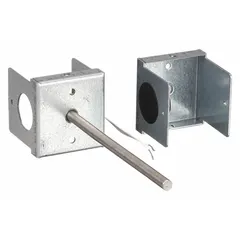 Remote immersion temperature sensor with metal conduit box housing for hardwired installation. Provides single measurement with ±0.34°F accuracy over -50°F to 250°F range. Includes well adaptor for pipe or tank mounting. Compatible with building automation systems.