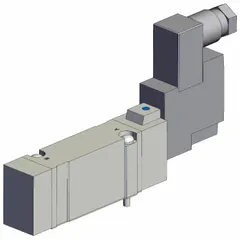 Single solenoid, five-way/two-position directional control valve from the SY7000 Series. Features 5 ports, 110V AC operation, female DIN solenoid connector, internal pilot, and non-locking monostable design. Used to switch airflow in pneumatic systems for automated manufacturing, packaging, and material handling applications.