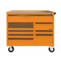 Electric-enabled heavy-duty rolling tool cabinet from KENNEDY, measuring 48 1/2 in W x 20 in D x 43 1/4 in H with 10 drawers. Designed for industrial workshops and maintenance facilities, it provides secure tool organization and transport across plant floors for machining, electrical, and material handling tasks