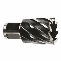 This high-speed steel annular cutter with black oxide finish is designed for general cutting applications in metal. It features a 7/8 in cutter diameter and a maximum cutting depth of 1 in, with a Weldon Flat shank for use with magnetic drill presses and portable drills. Suitable for industrial fabrication, structural steelwork, and maintenance tasks.