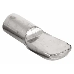 Steel shelf support with nickel-plated finish, measuring 5/16 in width, 7/8 in length, and 1/4 in height. Rated for 25 lb capacity per support. Used to hold shelves in cabinets, racks, and workstations. Pack of 8.