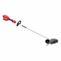 This battery-powered lawn edger features a 70-1/2-inch straight shaft and a brushless motor. It is attachment capable with an interchangeable head for use with compatible attachments. The edger is designed for creating clean edges along driveways, sidewalks, and garden beds.