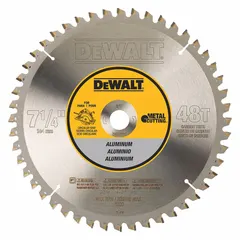 Circular saw blade with carbide tips, 48 teeth, 0.08 in kerf, and 5/8 in arbor. Designed for cutting non-ferrous metals such as aluminum extrusions, sheets, and tubing. Suitable for use in circular saws for metal fabrication and construction applications.