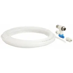 This water supply line kit connects a water line to an ice maker. It includes a 25 ft polyethylene hose with a 3/16 in inside diameter. The hose is rated for temperatures up to 70°F.