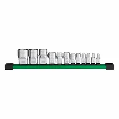 This 12-piece set includes external Torx impact sockets in sizes E4 to E24 with a 1/2 in drive. The sockets are made of chrome for corrosion resistance and feature a friction retention design. Suitable for fastening and loosening E-Torx fasteners in automotive, heavy equipment, and industrial assembly applications.
