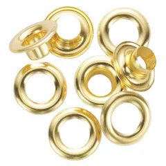 Round brass grommet with 0.5 in inside diameter, 1.05 in outside diameter, and 0.16 in overall thickness. Used to reinforce holes in panels, cables, or fabric, providing a corrosion-resistant bushing for wires or hoses passing through metal surfaces.