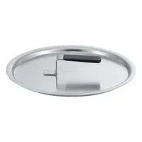 This aluminum fry pan cover features a silver body with a black welded aluminum handle. It is NSF certified for use in commercial kitchens. The cover helps contain heat and reduce splatter during cooking