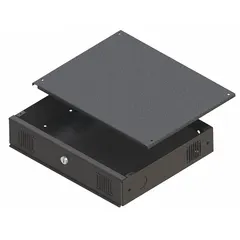 Enclosure for housing DVR equipment. Overall dimensions: 17 in width, 13 3/4 in depth. Includes DVR Mounting Strips for installation. Used in security systems to protect recording devices.