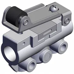 Roller-actuated manual air control valve with side-ported body. Features 2 ports with 1/8 in BSPT connections. Used for directional control of compressed air in pneumatic systems.