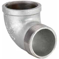 This 90° metal pipe elbow is designed for medium-pressure threaded piping systems. It connects two pipes at a right angle to change flow direction. The fitting has a 3 in x 3 in size with female NPT threaded x male NPT threaded connections for direct attachment to threaded pipe ends.