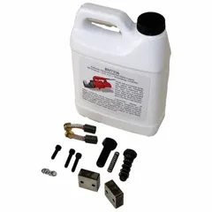 Tune-up kit for portable rebar cutters. Includes a safety relief valve for retracting the piston and a cutting guard. Used for maintenance and repair of rebar cutting equipment.