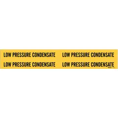 Yellow pipe marker with black legend reading 'Low Pressure Condensate'. Fits pipe outer diameters from 3/4 to 2-3/8 inches. Set includes 4 adhesive markers without arrows. Used for identifying low pressure condensate piping in steam and HVAC systems.