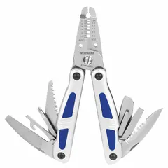 This multi-tool features fold-out pliers and includes 12 tools with 12 functions. It measures 4 inches closed and 6 1/4 inches open. The tool set includes Phillips and slotted screwdrivers, a wire hook, and wire strippers, suitable for cutting, gripping, and fastening tasks in maintenance and repair applications.