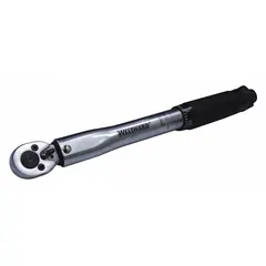 This ratcheting micrometer torque wrench has a 1/4 in square drive and provides a torque range of 20 in-lb to 200 in-lb. It measures in inch-pounds and newton-meters, suitable for precision fastening tasks in assembly, maintenance, and repair applications where controlled tightening is required.