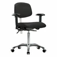 This cleanroom task chair is upholstered in vinyl and features an aluminum base. It includes arms and offers adjustable height from 21 1/2 to 29 inches, with a seat width of 18 1/2 inches. The back tilts 10.5° forward and 13.5° backward, while the seat tilts 8° forward and 3° backward. Suitable for ISO 5 controlled environments, it is not ESD safe and has no foot support