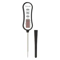 This stem thermometer from TAYLOR features an LED display for clear temperature readings. With an overall length of 8 1/4 inches and a 3/16 inch diameter probe, it is suited for measuring food temperatures in commercial kitchens and food service environments. The plastic case and lens provide a lightweight design, while the ±1°F accuracy supports monitoring of cooking, holding, and cooling processes.