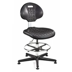 This armless cleanroom task chair features a polyurethane seat and back, a nylon base, and foot support. It is ESD-safe and rated for ISO 4 cleanrooms. Height adjusts from 19 1/2 in to 26 1/2 in with an 18 1/2 in seat width. Suitable for controlled environments requiring electrostatic discharge protection and low particle generation.