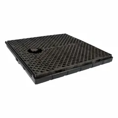 Polyethylene railroad track pan for secondary containment of spills from tank cars or locomotives. Measures 54 in x 55 3/4 in x 6 in with an 18 gal spill capacity. Used in industrial facilities to capture leaks and drips under rail tracks.