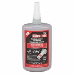 Red, high-temperature resistant threadlocker formulated for securing threaded fasteners against loosening from vibration and thermal cycling. Suitable for industrial equipment where disassembly requires heat and tools. Supplied in an 8.45 fl oz bottle.