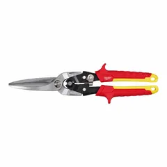 Straight-cut aviation snip with 12 in overall length and 3 in cutting length. Steel construction with TPR handles. Used for straight cutting of sheet metal in HVAC, metal fabrication, and general construction.