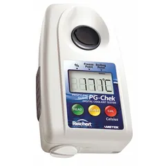 This digital handheld refractometer measures propylene glycol concentration with a Brix range of 0% to 95% and accuracy of +/-0.2% PG. It provides +/-0.6°C PG boiling point and freeze point accuracy with a resolution of 0.002. Suitable for quality control in industrial fluid applications.