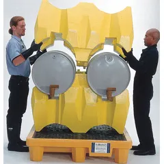 This modular drum dispensing rack is a complete system constructed of polyethylene. It accommodates four drums or containers and provides a 66-gallon spill capacity for secondary containment of leaks and drips during dispensing operations.