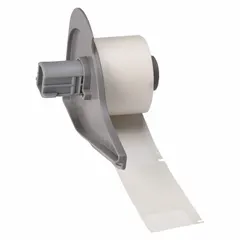Precut wraparound label roll for cable, wire, or small pipe identification. Polyvinyl fluoride material with white matte finish resists chemicals, abrasion, and extreme temperatures. Includes 100 labels. Compatible with BMP71 printer series; requires M7-R4300 ribbon.