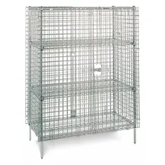 This stationary security cart is constructed of steel and includes top and bottom shelves. With overall dimensions of 48 inches length, 24 inches width, and 5 5/8 feet height, it provides secure storage and transport for equipment and supplies in industrial environments such as labs, warehouses, and manufacturing floors.