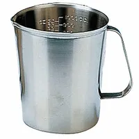 This 64 fl oz graduated measuring cup is constructed from stainless steel with a gray finish. Designed for dry measurement, it is suited for portioning and mixing bulk ingredients in commercial kitchens, food processing, and material handling applications