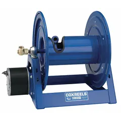 Electric motorized hose reel with 1/3 HP 12VDC motor for automated hose retraction. Brass swivel ensures reliable fluid transfer. Hose capacity of 325 ft (1/2 in I.D.). Overall dimensions: 17-5/8 in L x 30 in W x 19-3/4 in H. Suitable for washdown, lubrication, and fluid transfer applications.