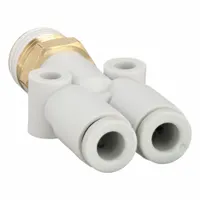 This SMC tube fitting is a wye configuration with polybutylene and brass construction. It connects two 4 mm OD tubes and one 1/8 in BSPT or NPT threaded port. The push-to-connect design allows tool-free installation in pneumatic or fluid line branching applications